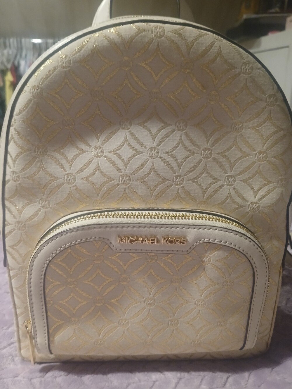 Michael Kors Cream and Gold Jacquard Logo Backpack